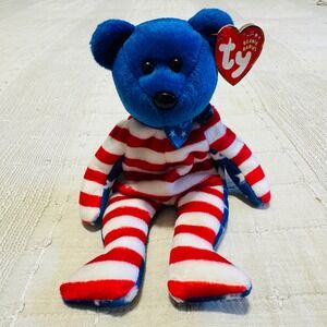 Ty Beanie Babies Liberty Bear 2001 Patriotic USA‎ Flag Red Blue Plush Toy 9 in